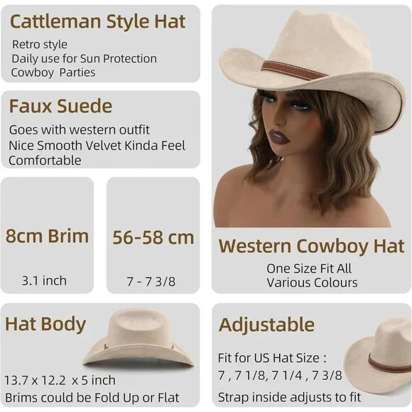 Unisex Beige Western Faux Stitched Leather Band Classic Fedora Cowboy Felt Hat - Picture 4 of 6